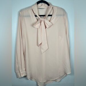 Elegant Blush Pink Sheer Long Sleeve Blouse with Bow Tie at Neckline.